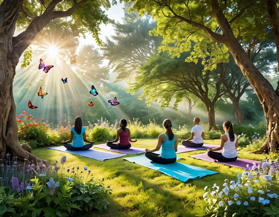 A serene landscape showcasing a diverse group of people engaging in holistic practices like yoga, meditation, and gardening, symbolizing unity and health. The backdrop features vibrant herbs and flowers known for their healing properties, with soft sunlight filtering through trees. Ethereal elements like butterflies and glowing orbs add a sense of hope and life, representing the journey from prevention to survivorship. super-realistic. vibrant colors. calming atmosphere.